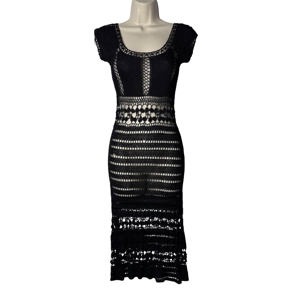 NEW Vtg Cache Crochet Midi Dress S Deadstock Black Open Sheer Whimsigoth Y2K